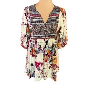 Umgee White Floral Boho Tunic with Multi-Color Yoke